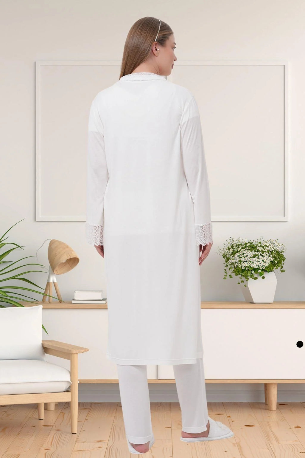 Delicate Lace Collar 3-Piece Maternity Feeding-Friendly Pajama & Robe Set Ecru - C1541