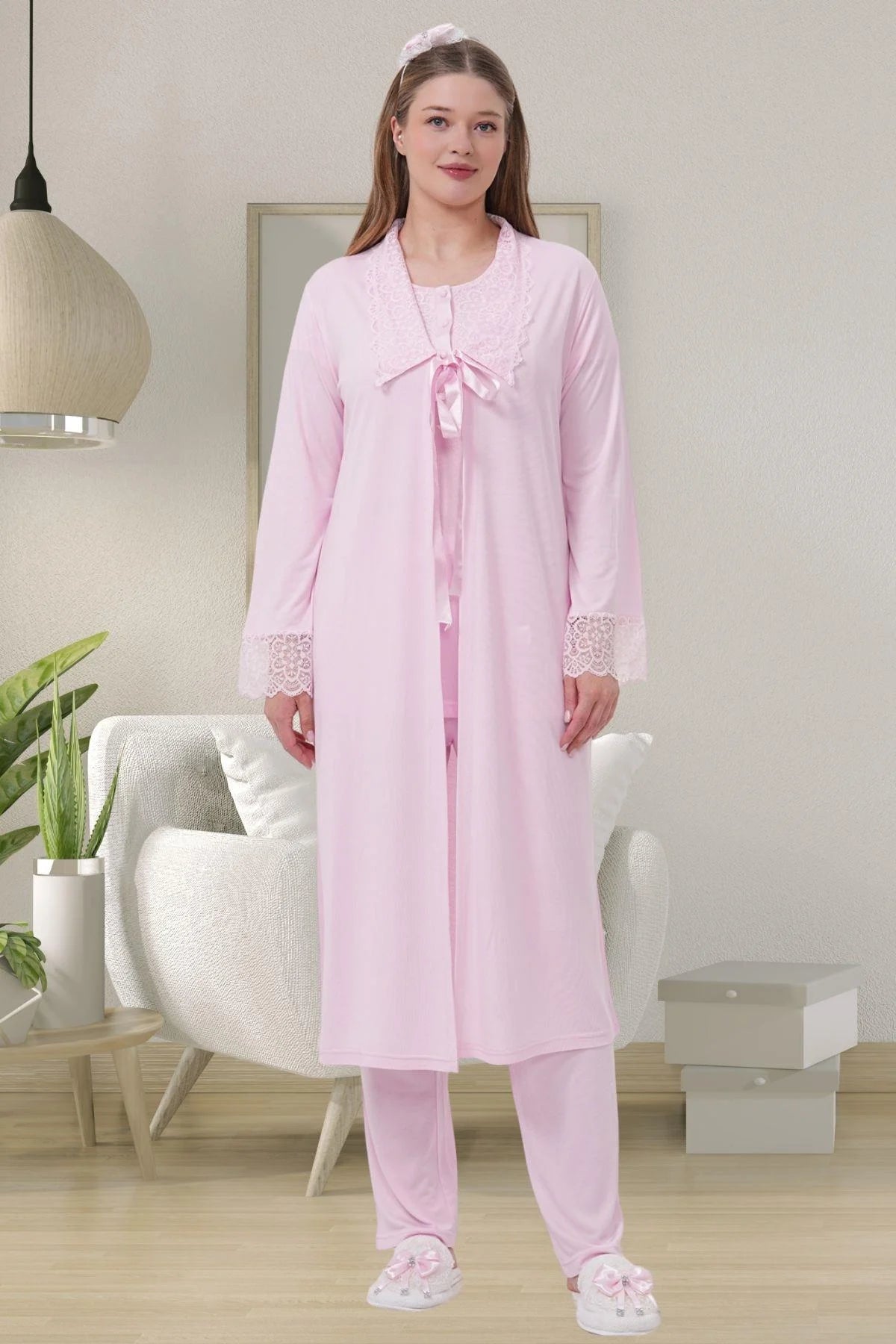 Delicate Lace Collar 3-Piece Maternity Feeding-Friendly Pajama & Robe Set Pink - C1541