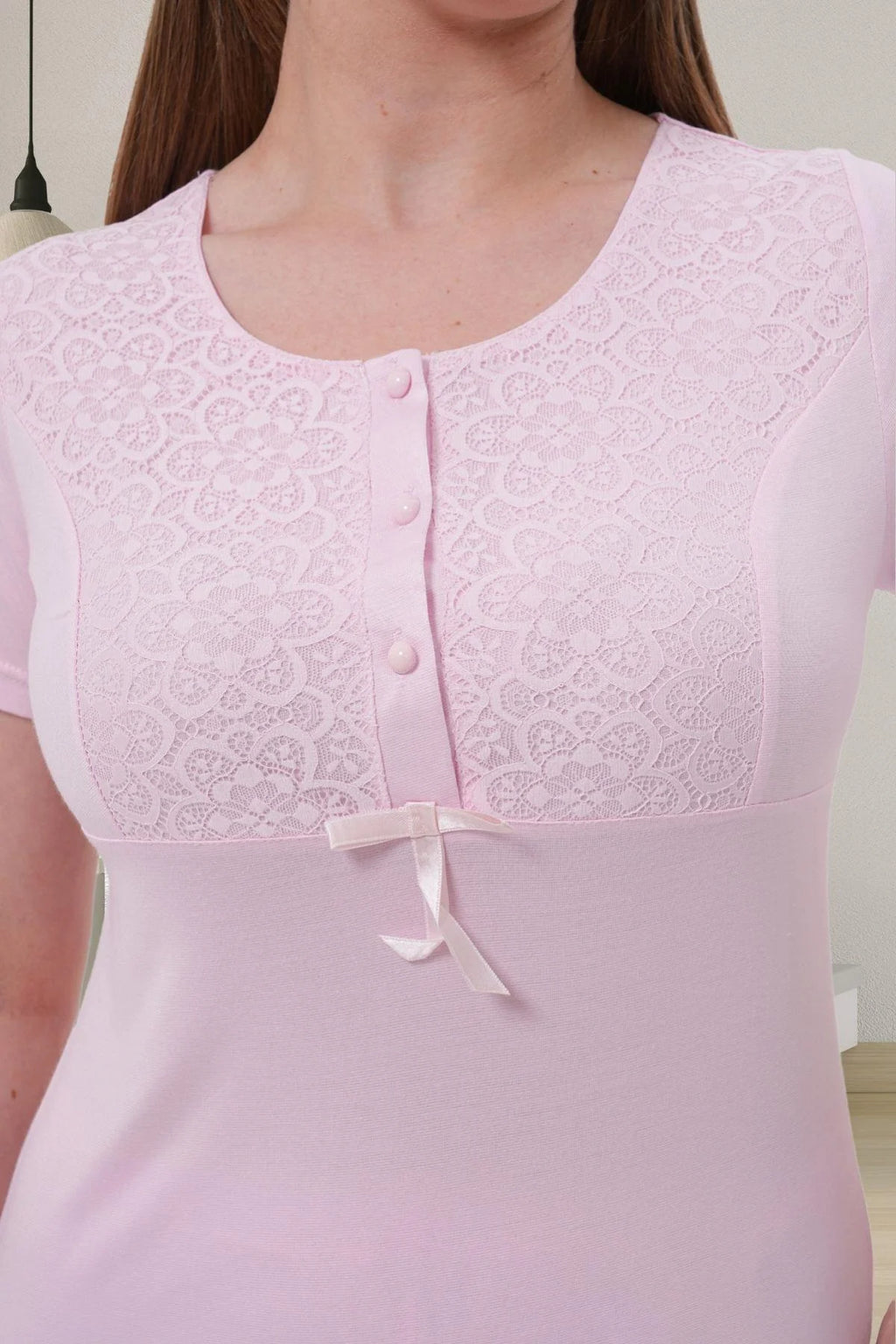 Delicate Lace Collar 3-Piece Maternity Feeding-Friendly Pajama & Robe Set Pink - C1541