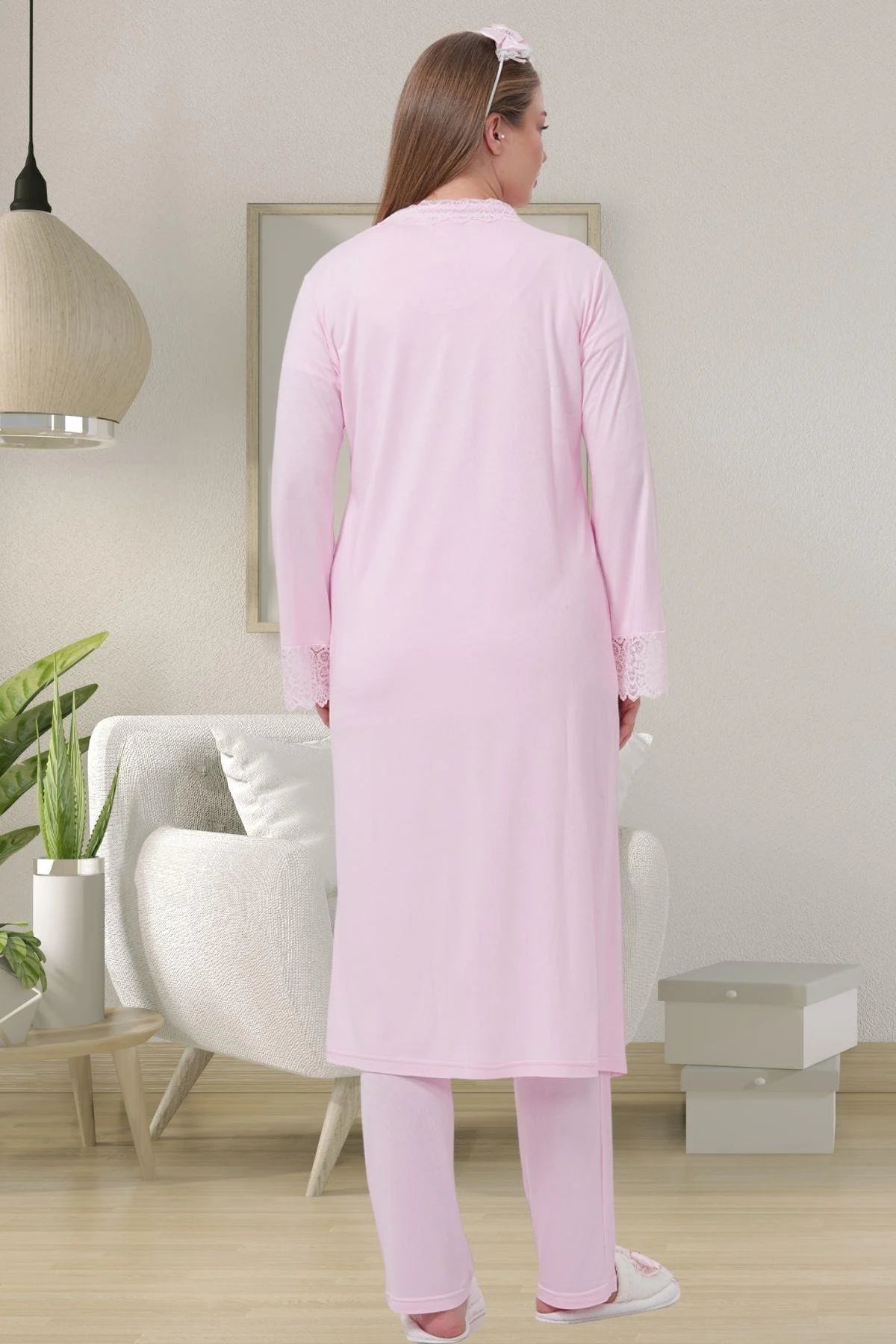 Delicate Lace Collar 3-Piece Maternity Feeding-Friendly Pajama & Robe Set Pink - C1541