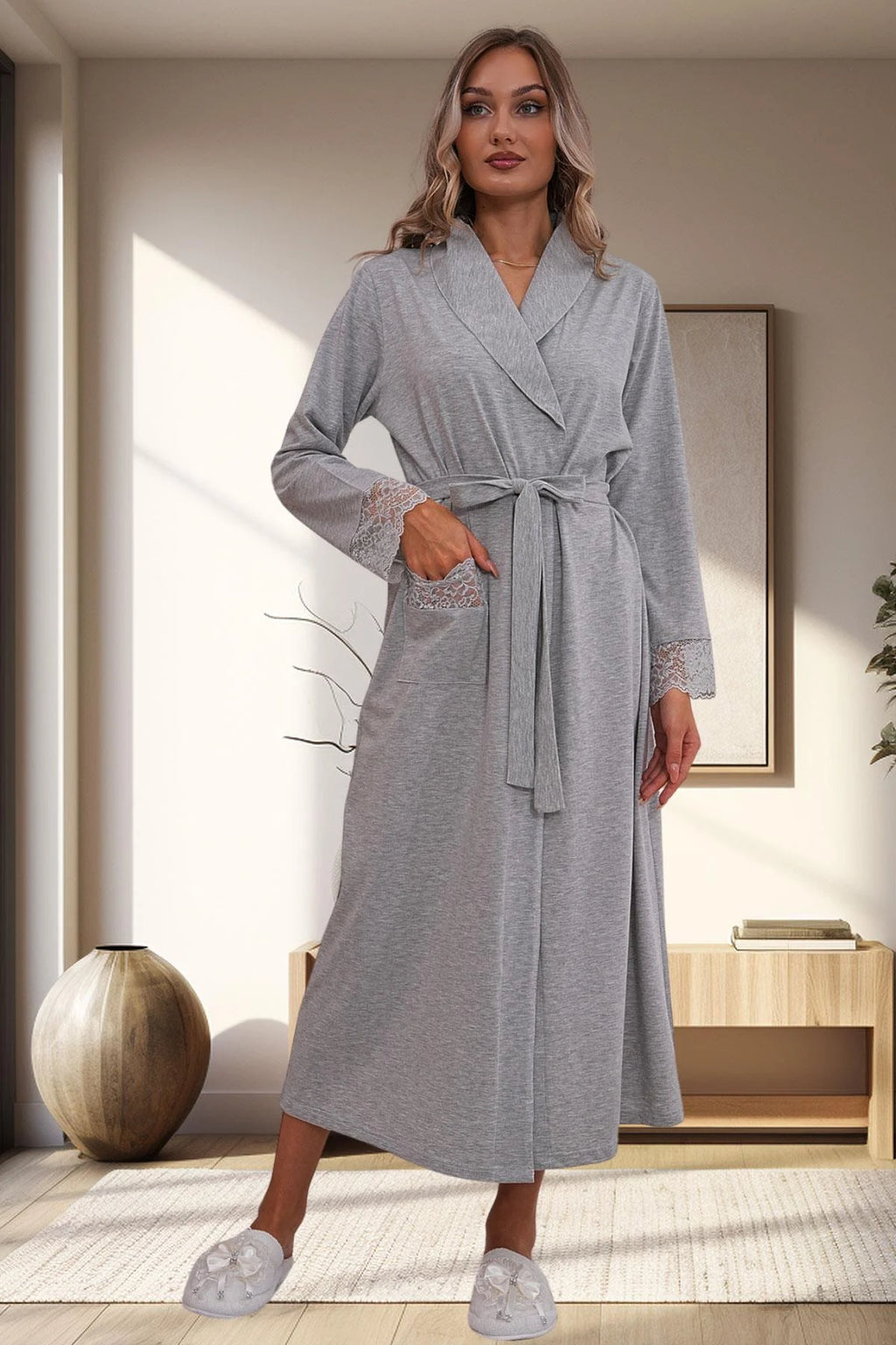 Lace Sleeve Maternity Robe Grey - C1543