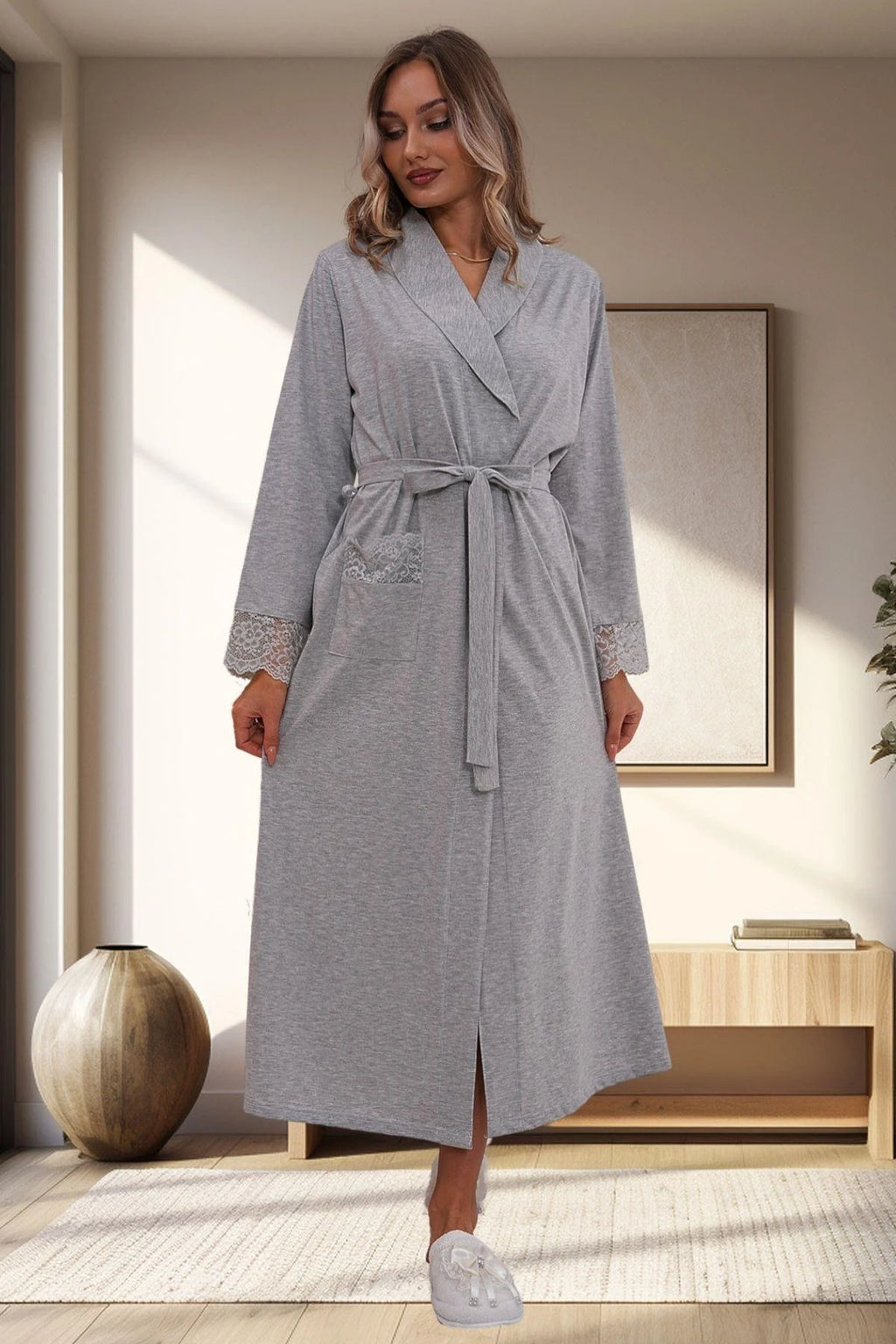Lace Sleeve Maternity Robe Grey - C1543