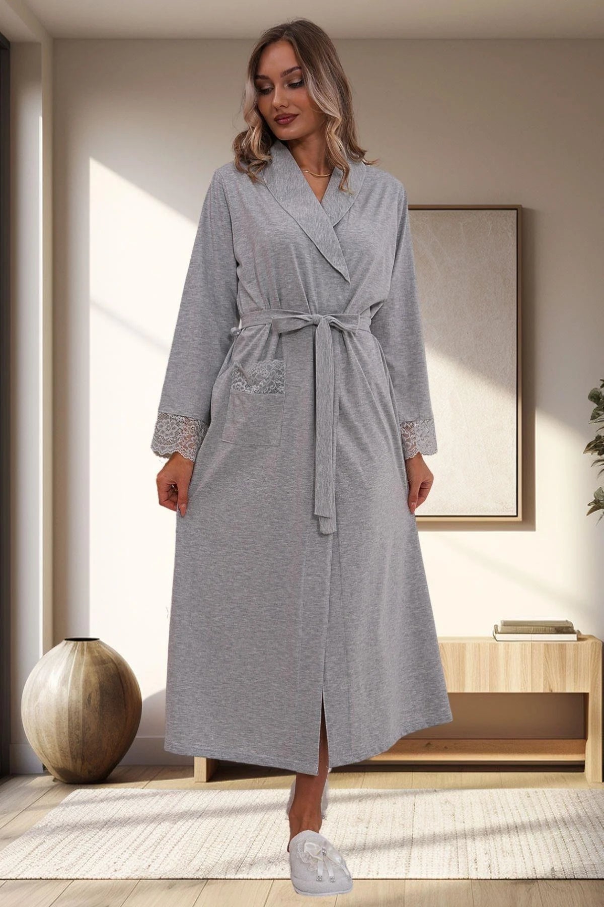 Lace Sleeve Maternity Robe Grey - C1543