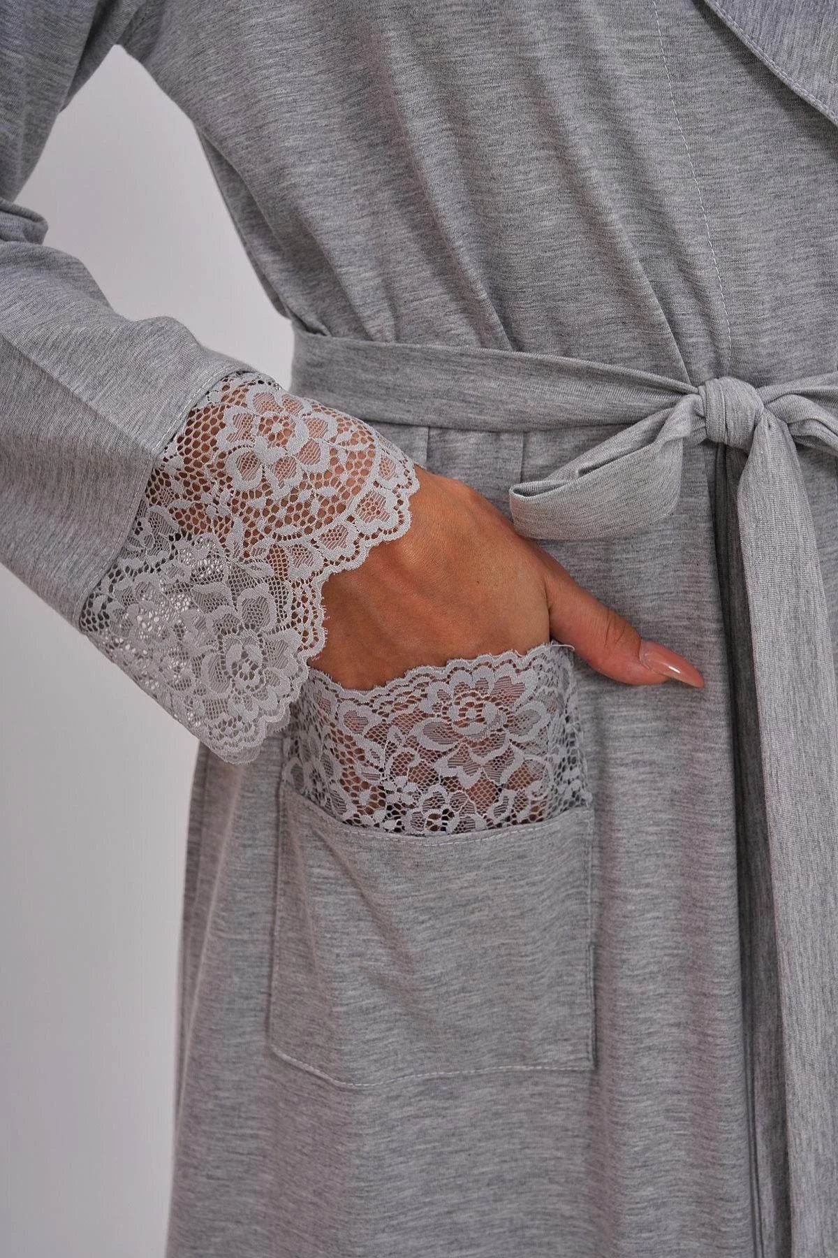 Lace Sleeve Maternity Robe Grey - C1543