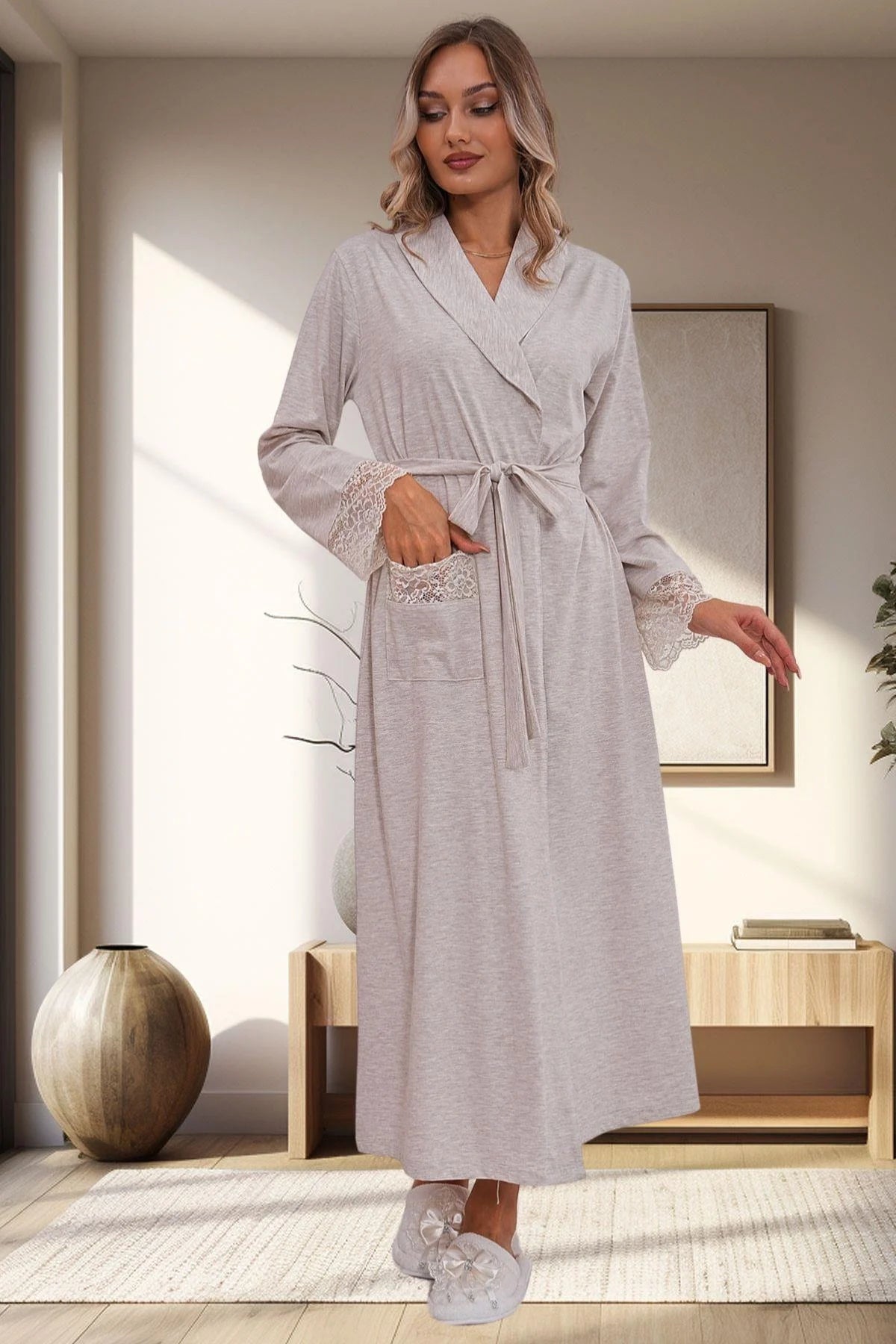 Lace Sleeve Maternity Robe Mink - C1543