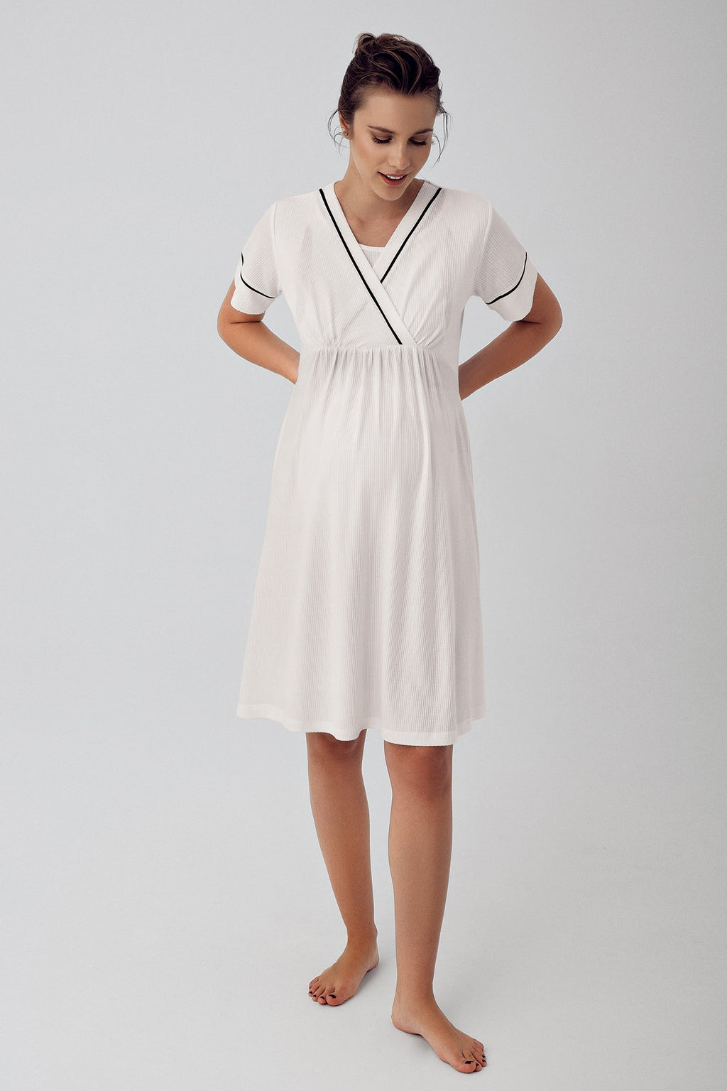 Double Breasted Maternity Feeding-Friendly Nightgown & Robe Set Ecru - S16402