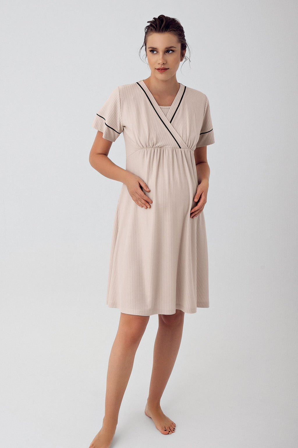 Double Breasted Maternity Feeding-Friendly Nightgown & Robe Set Beige - S16402