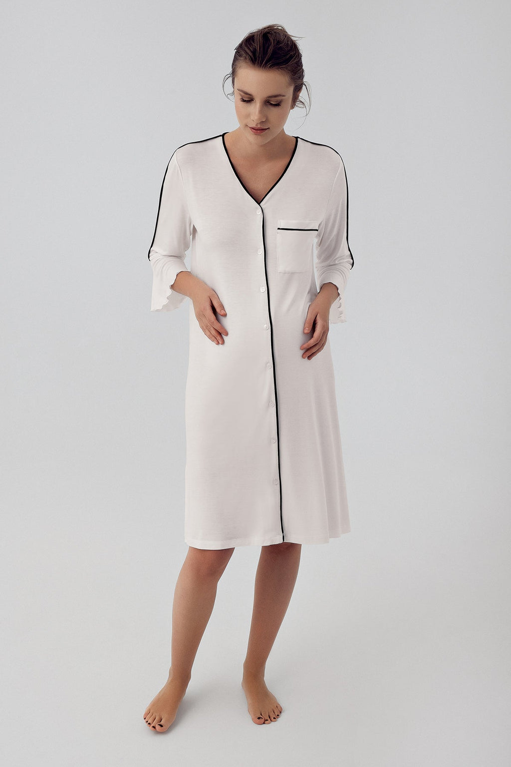 Strip Maternity Feeding-Friendly Nightgown Ecru - S16107