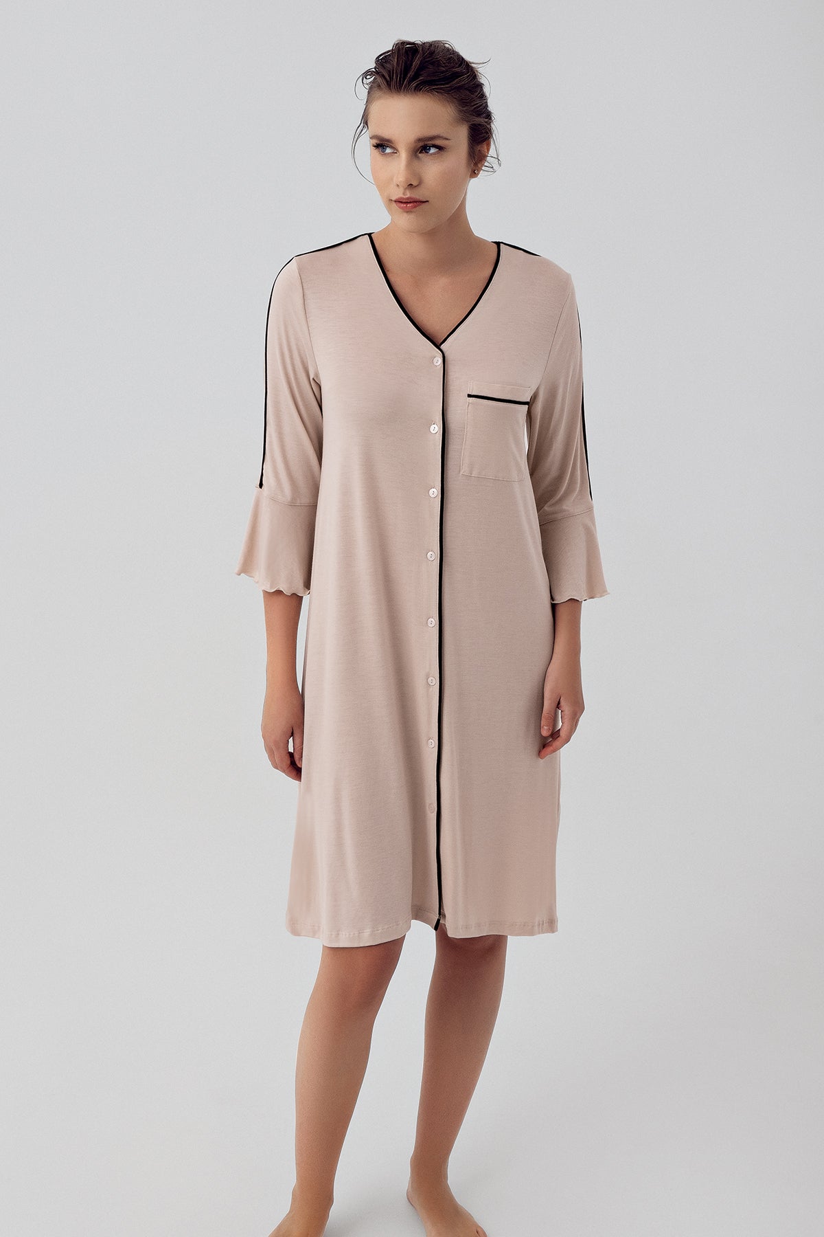 Strip Maternity Feeding-Friendly Nightgown Beige - S16107