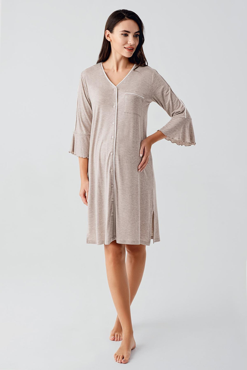 Strip Maternity Feeding-Friendly Nightgown Beige - S16107