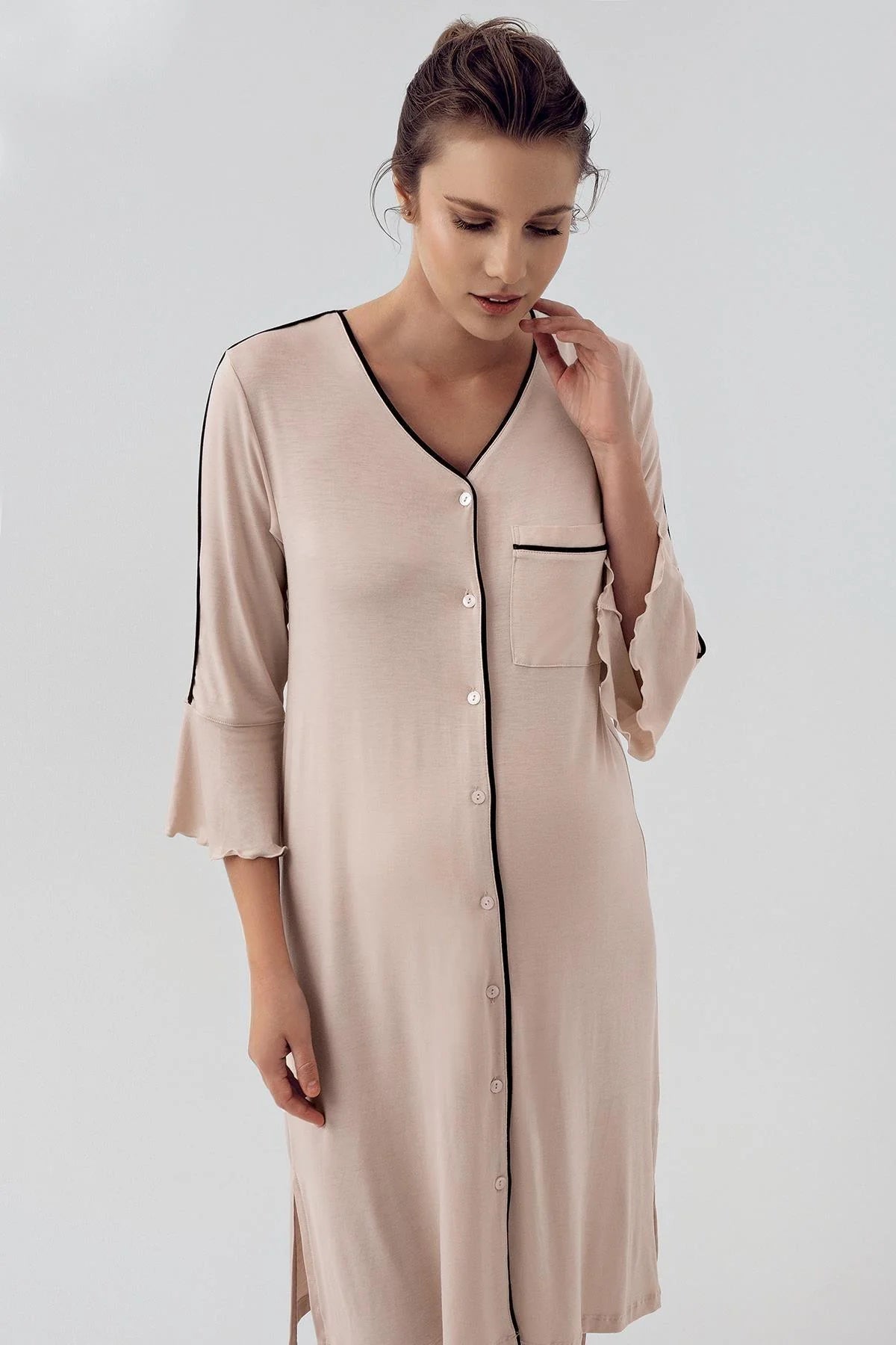 Strip Maternity Feeding-Friendly Nightgown Beige - S16107
