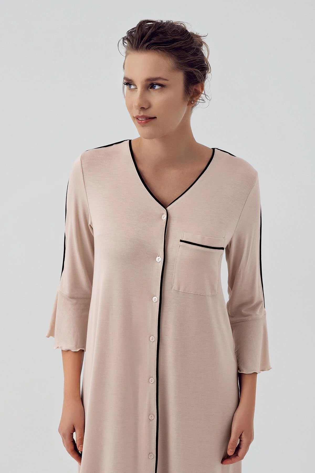 Strip Maternity Feeding-Friendly Nightgown Beige - S16107