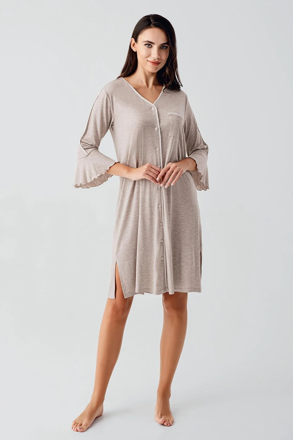 Strip Maternity Feeding-Friendly Nightgown Beige - S16107