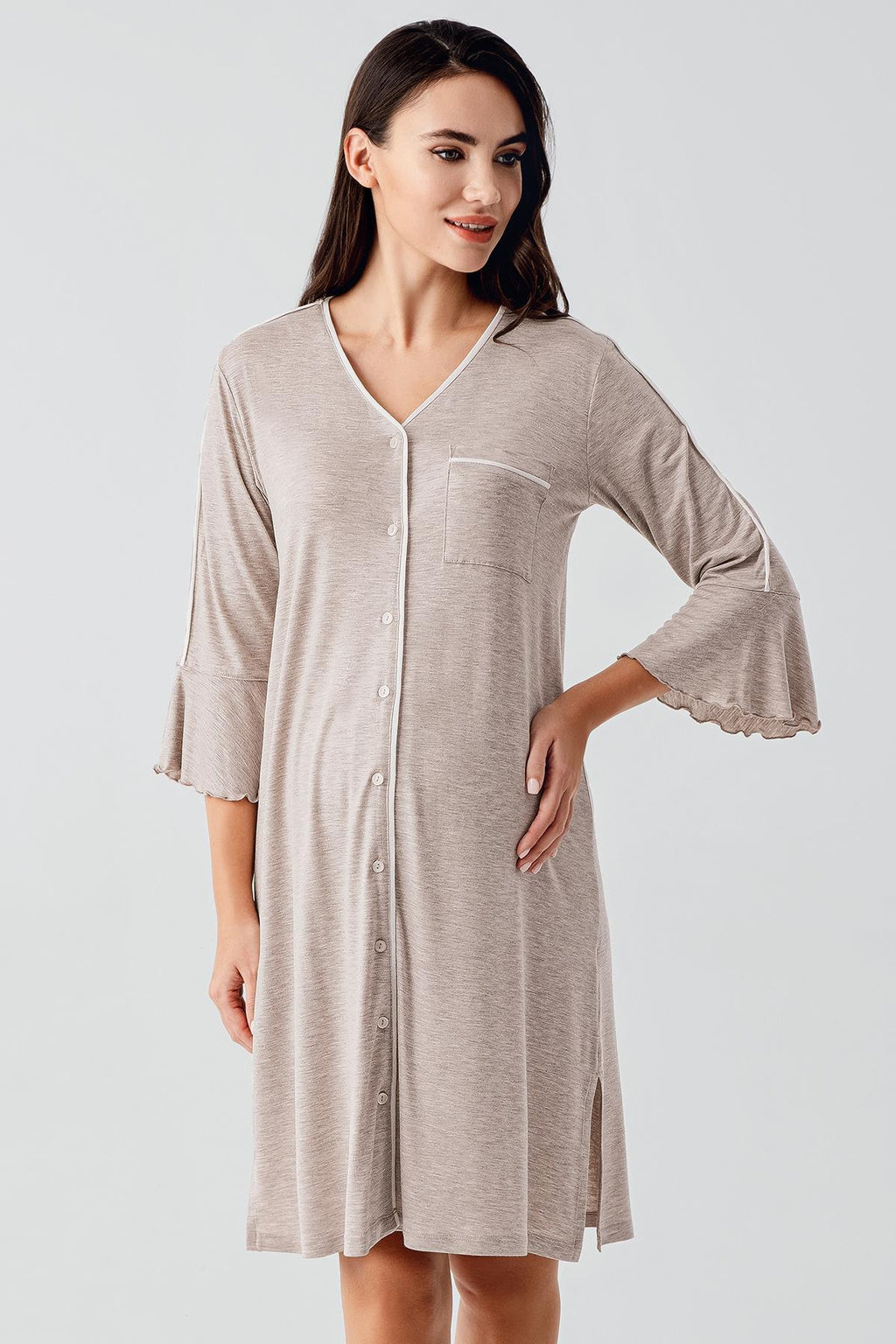 Strip Maternity Feeding-Friendly Nightgown Beige - S16107