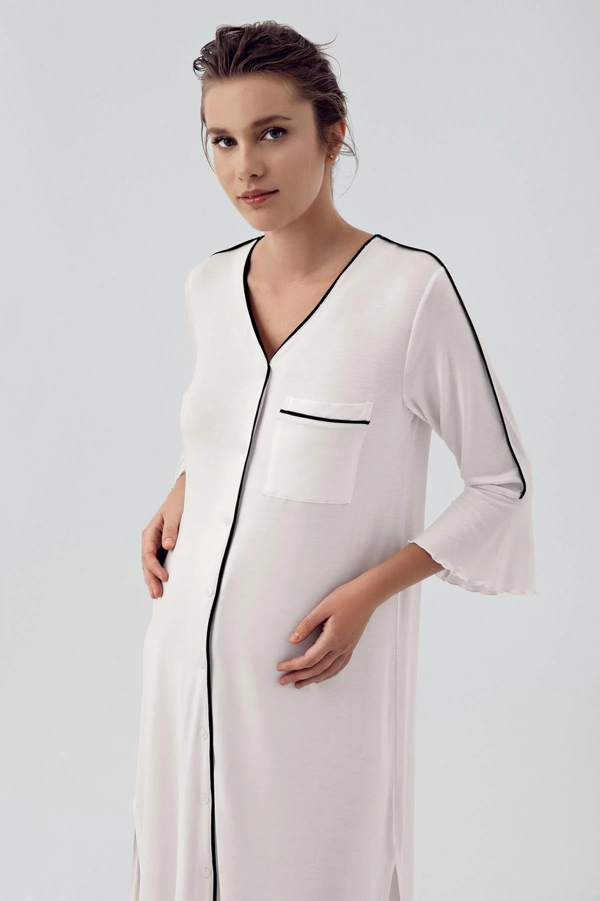 Strip Maternity Feeding-Friendly Nightgown Ecru - S16107