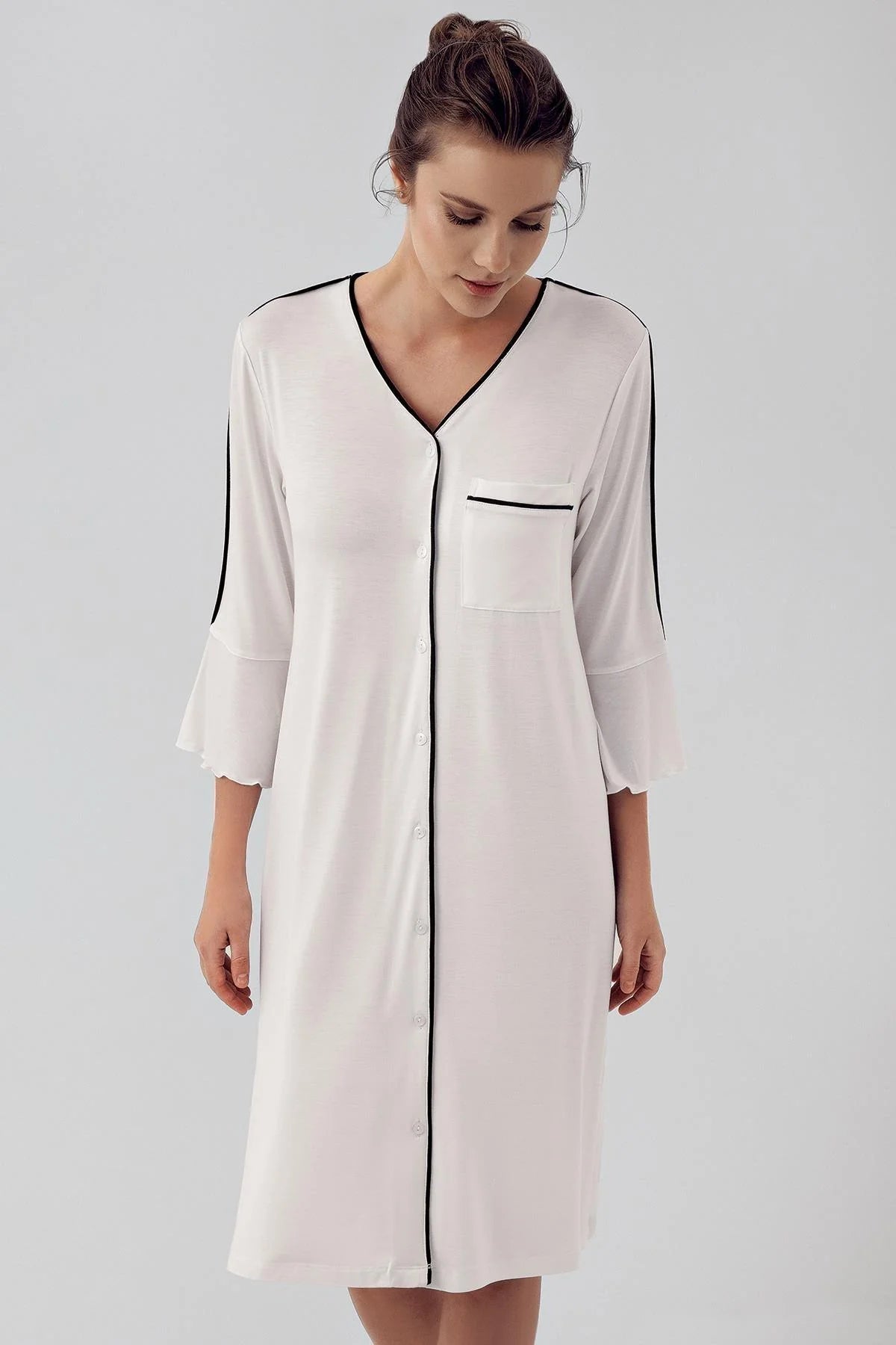 Strip Maternity Feeding-Friendly Nightgown Ecru - S16107