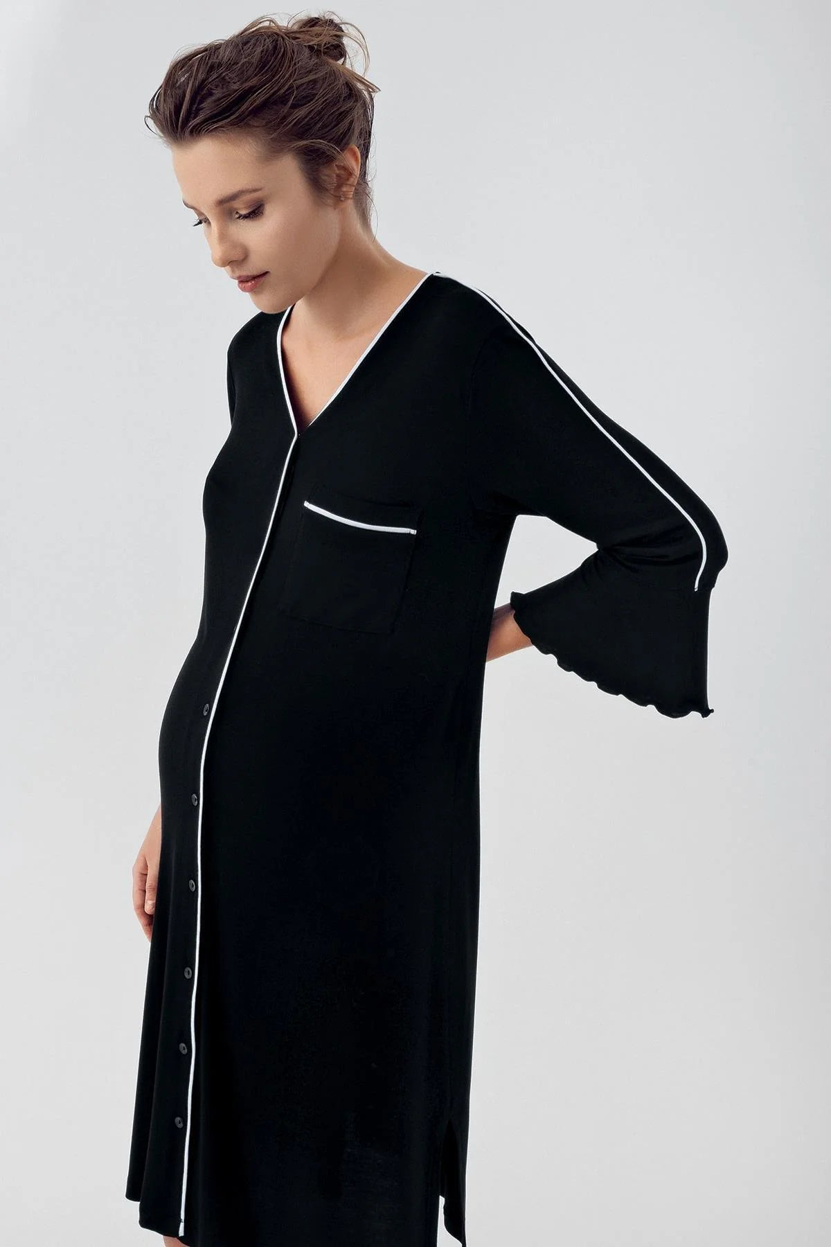 Strip Maternity Feeding-Friendly Nightgown Black - S16107