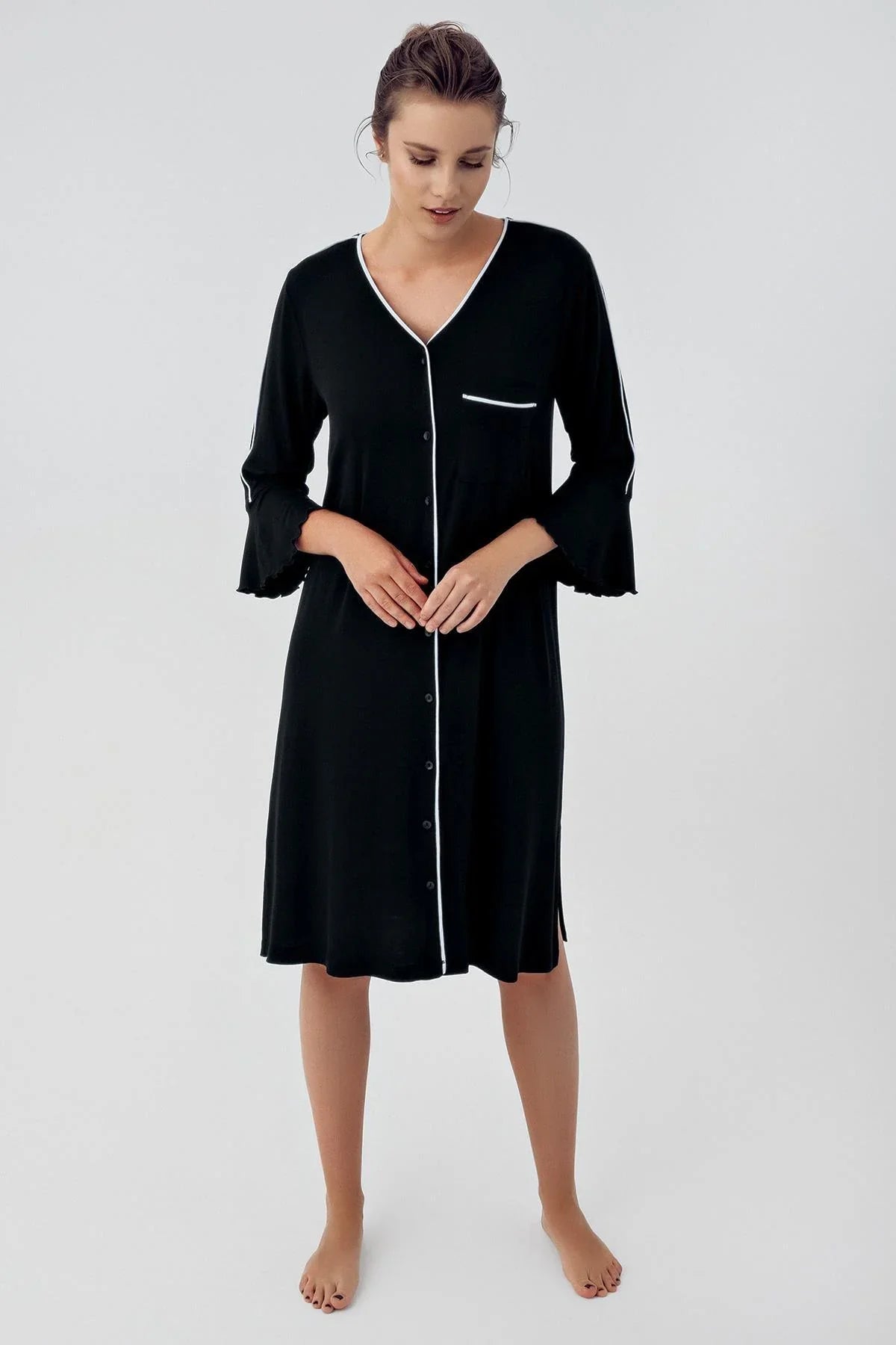 Strip Maternity Feeding-Friendly Nightgown Black - S16107