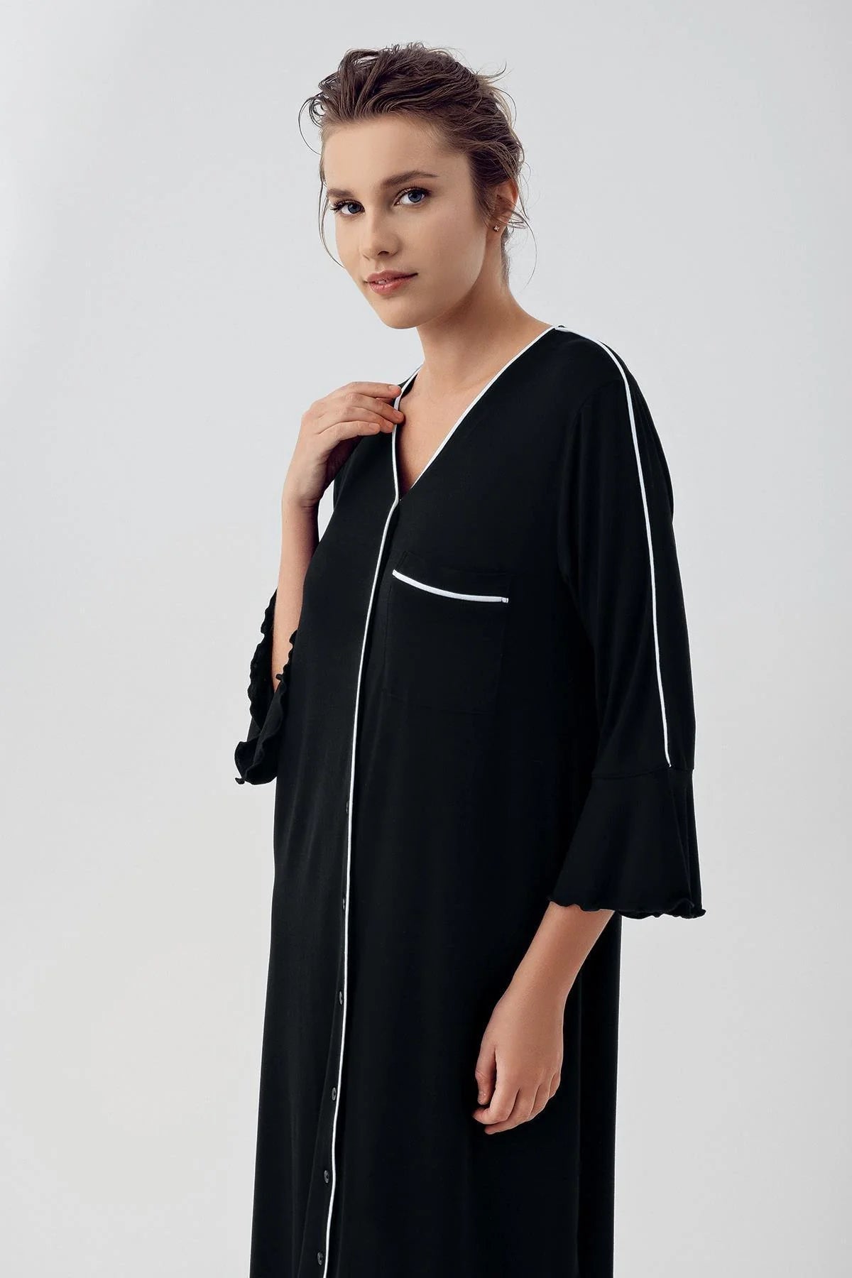 Strip Maternity Feeding-Friendly Nightgown Black - S16107