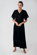 Lace Sleeve Maternity Feeding-Friendly Nightgown Black - S16111