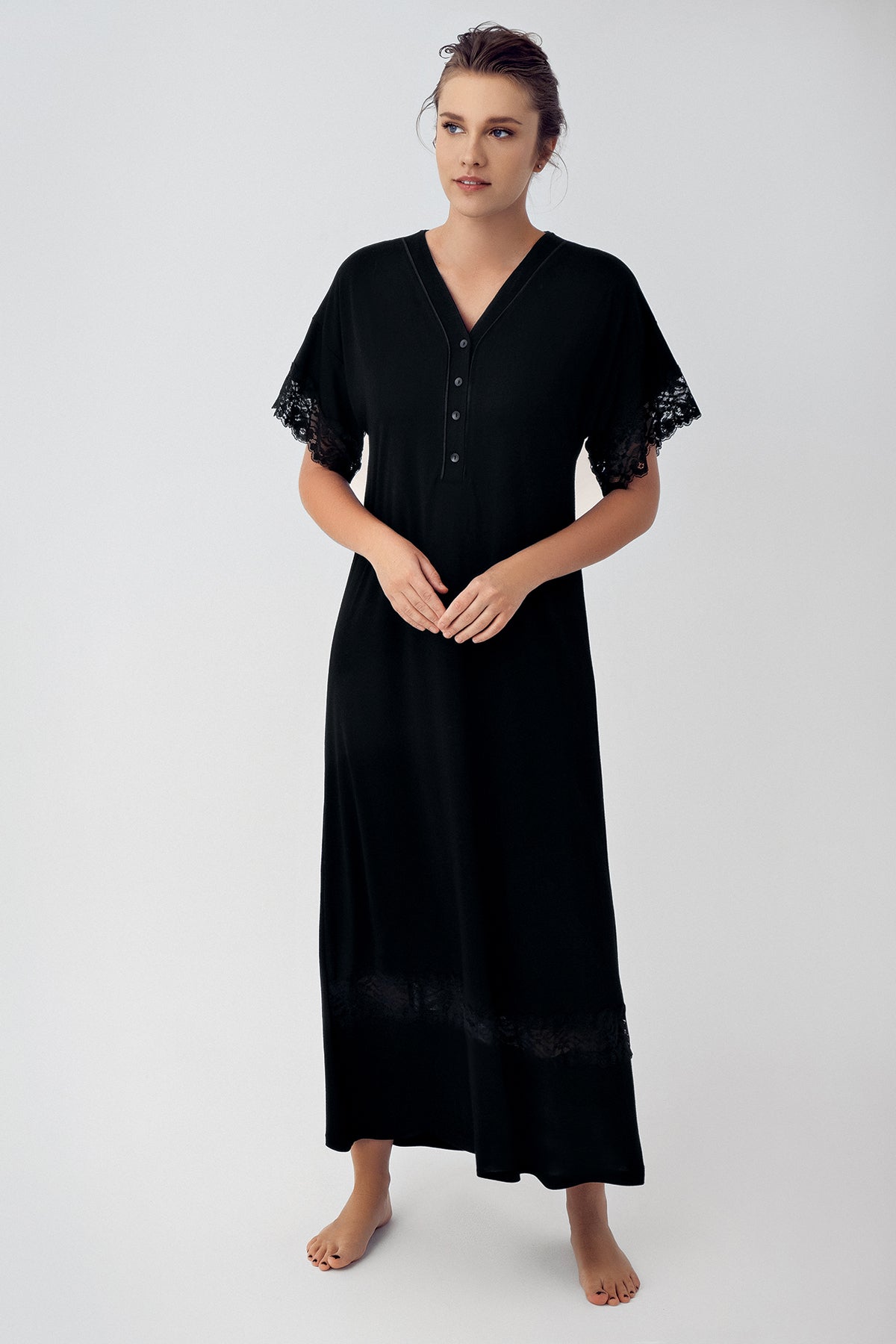 Lace Sleeve Maternity Feeding-Friendly Nightgown Black - S16111