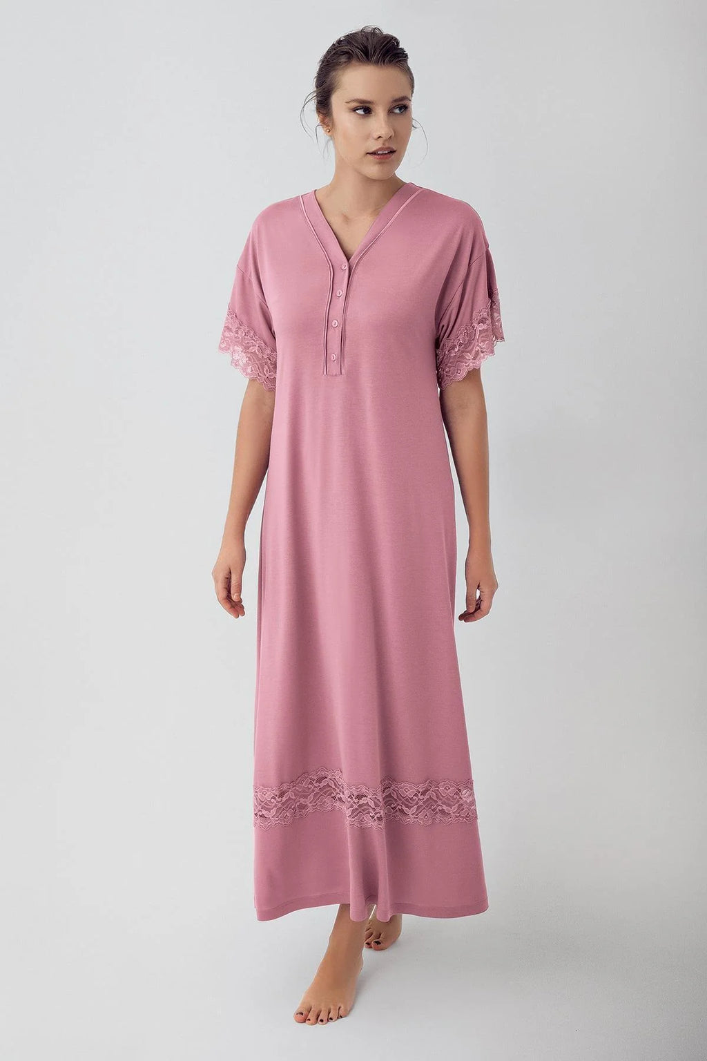 Lace Sleeve Maternity Feeding-Friendly Nightgown Dried Rose - S16111