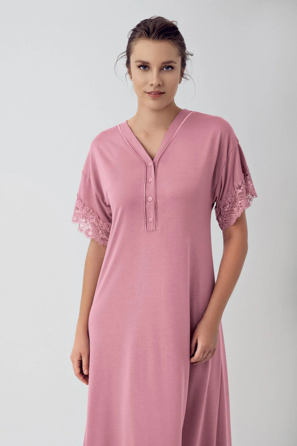 Lace Sleeve Maternity Feeding-Friendly Nightgown Dried Rose - S16111