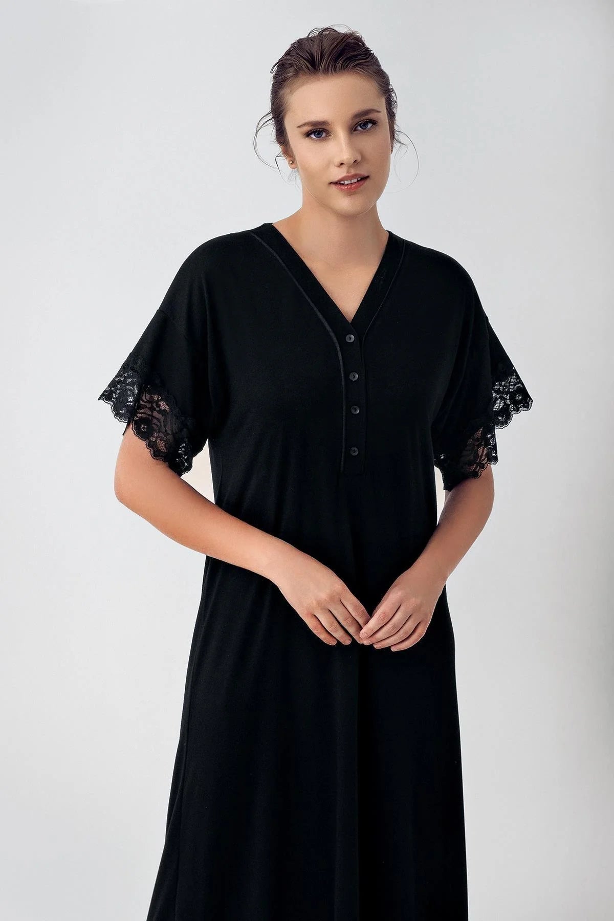 Lace Sleeve Maternity Feeding-Friendly Nightgown Black - S16111