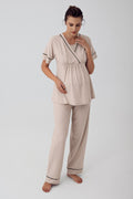 Striped Wrap Maternity Feeding-Friendly Pajama Set Beige - S16202