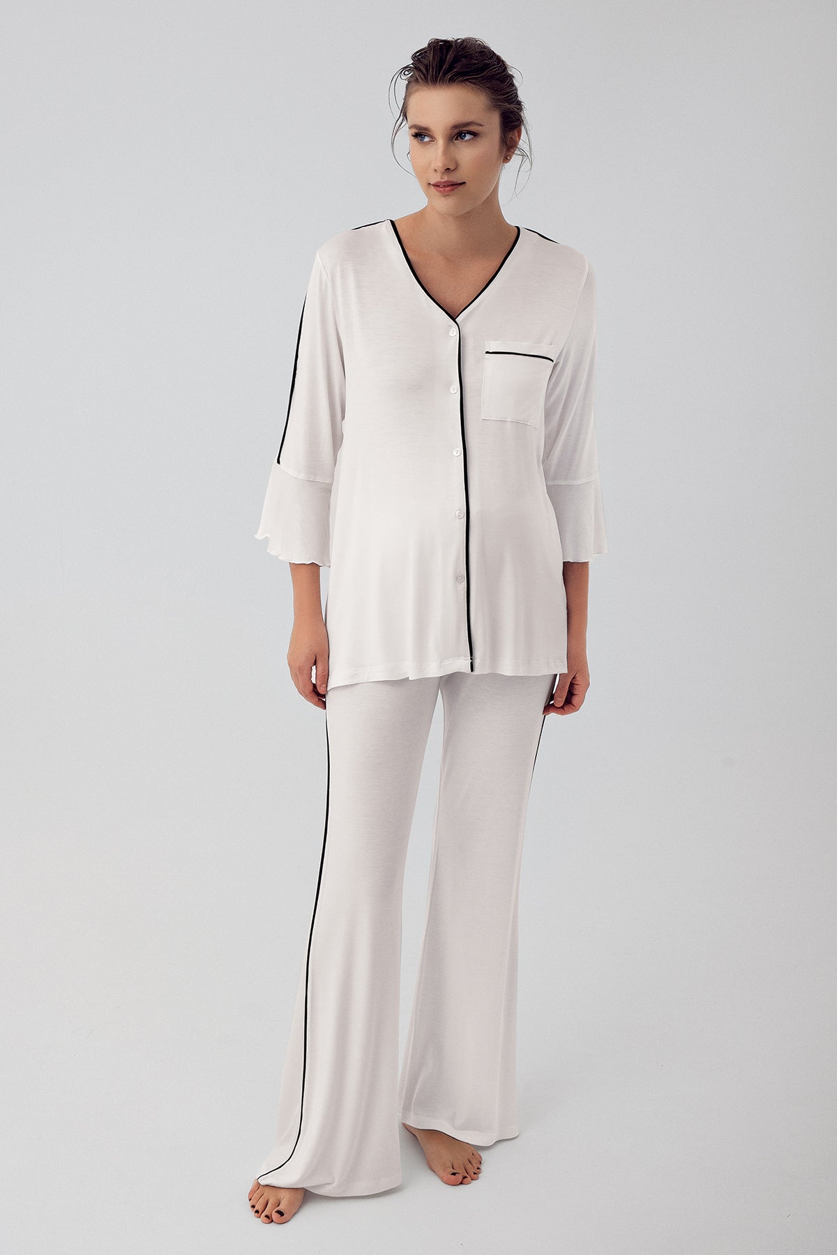 Strip Maternity Feeding-Friendly Pajama Set Ecru - S16207