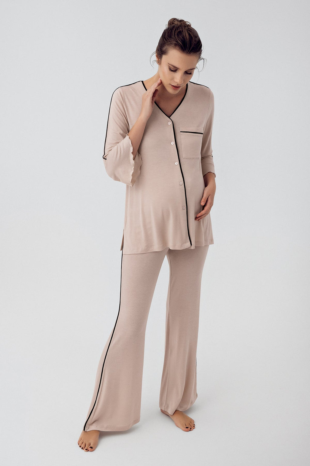 Strip Maternity Feeding-Friendly Pajama Set Beige - S16207