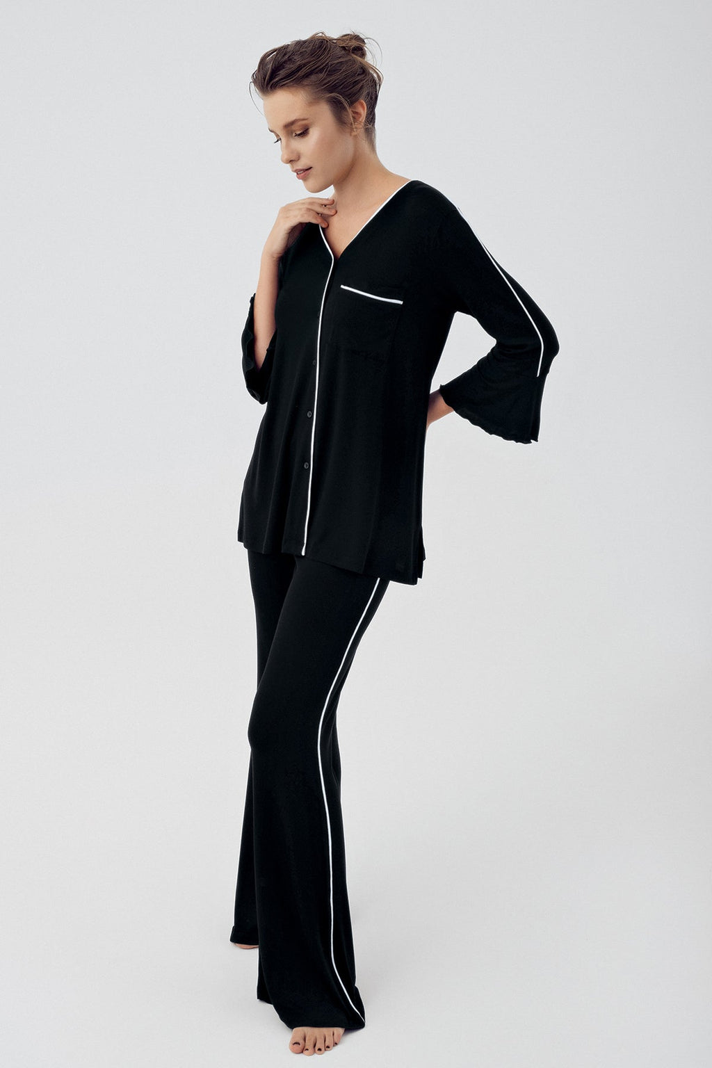 Strip Maternity Feeding-Friendly Pajama Set Black - S16207