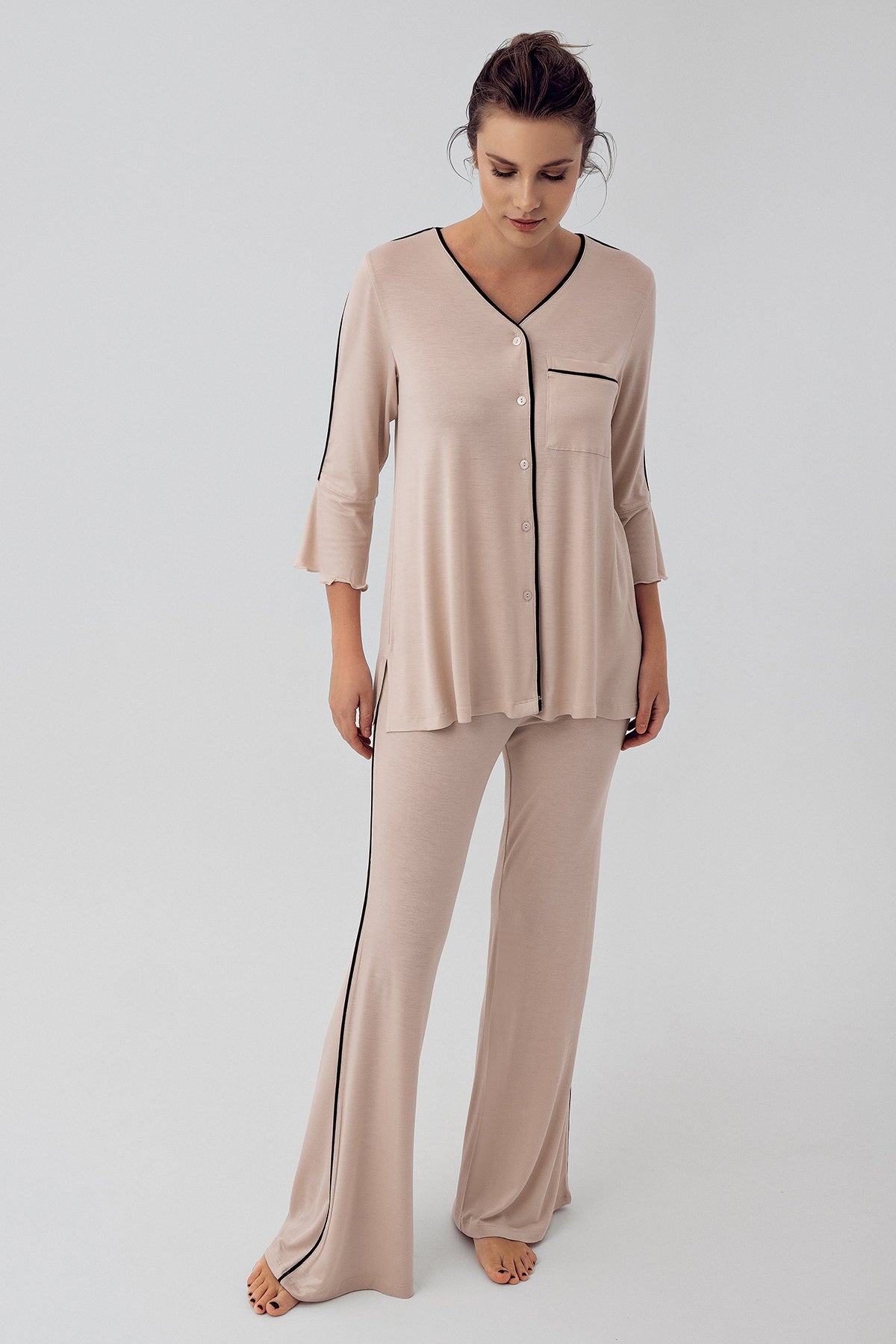 Strip Maternity Feeding-Friendly Pajama Set Beige - S16207