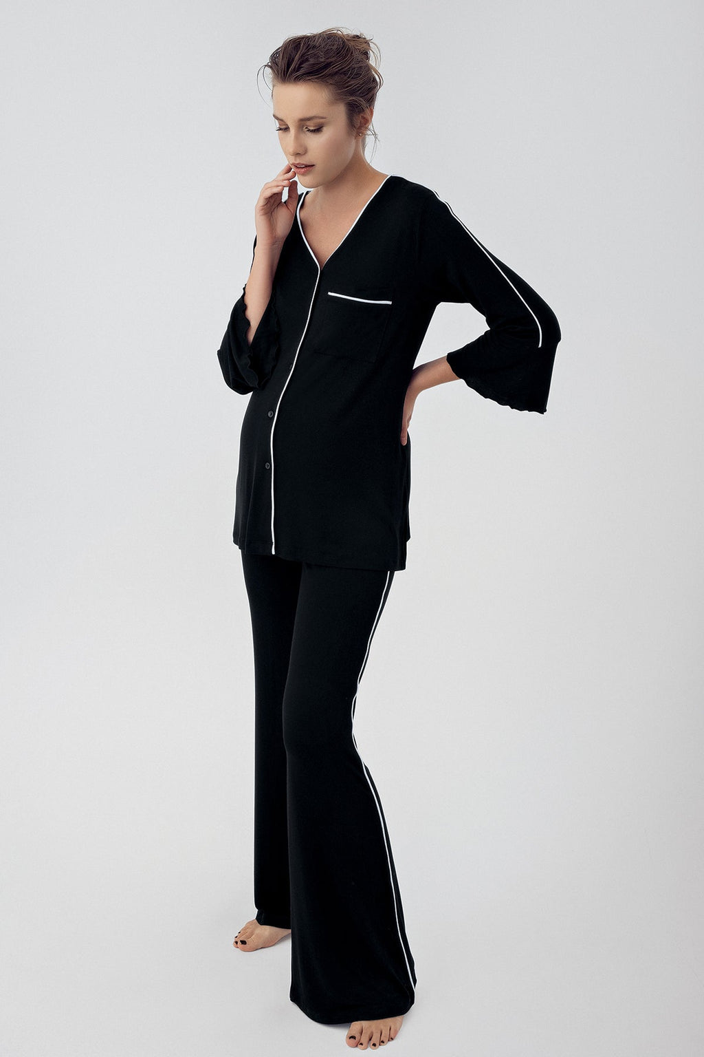 Strip Maternity Feeding-Friendly Pajama Set Black - S16207