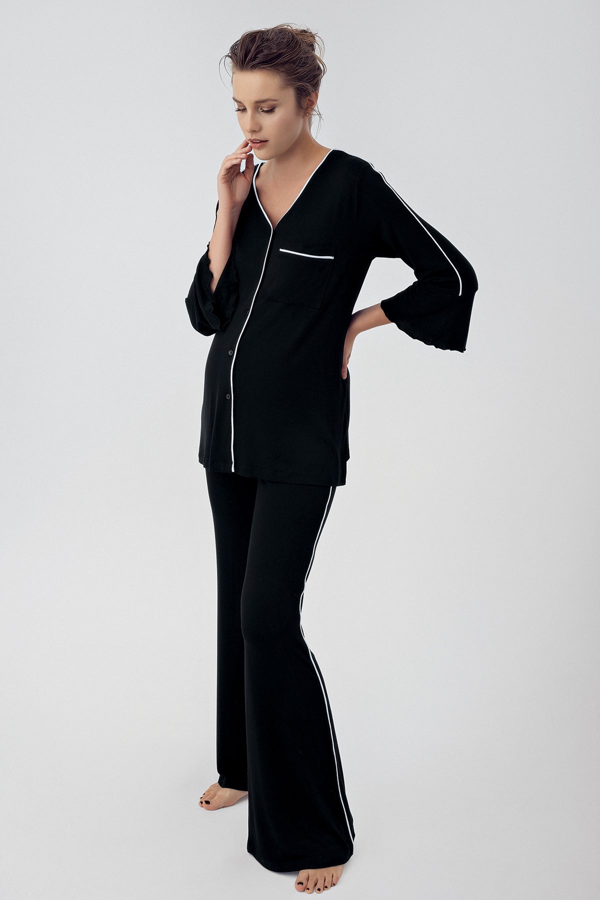 Strip Maternity Feeding-Friendly Pajama Set Black - S16207