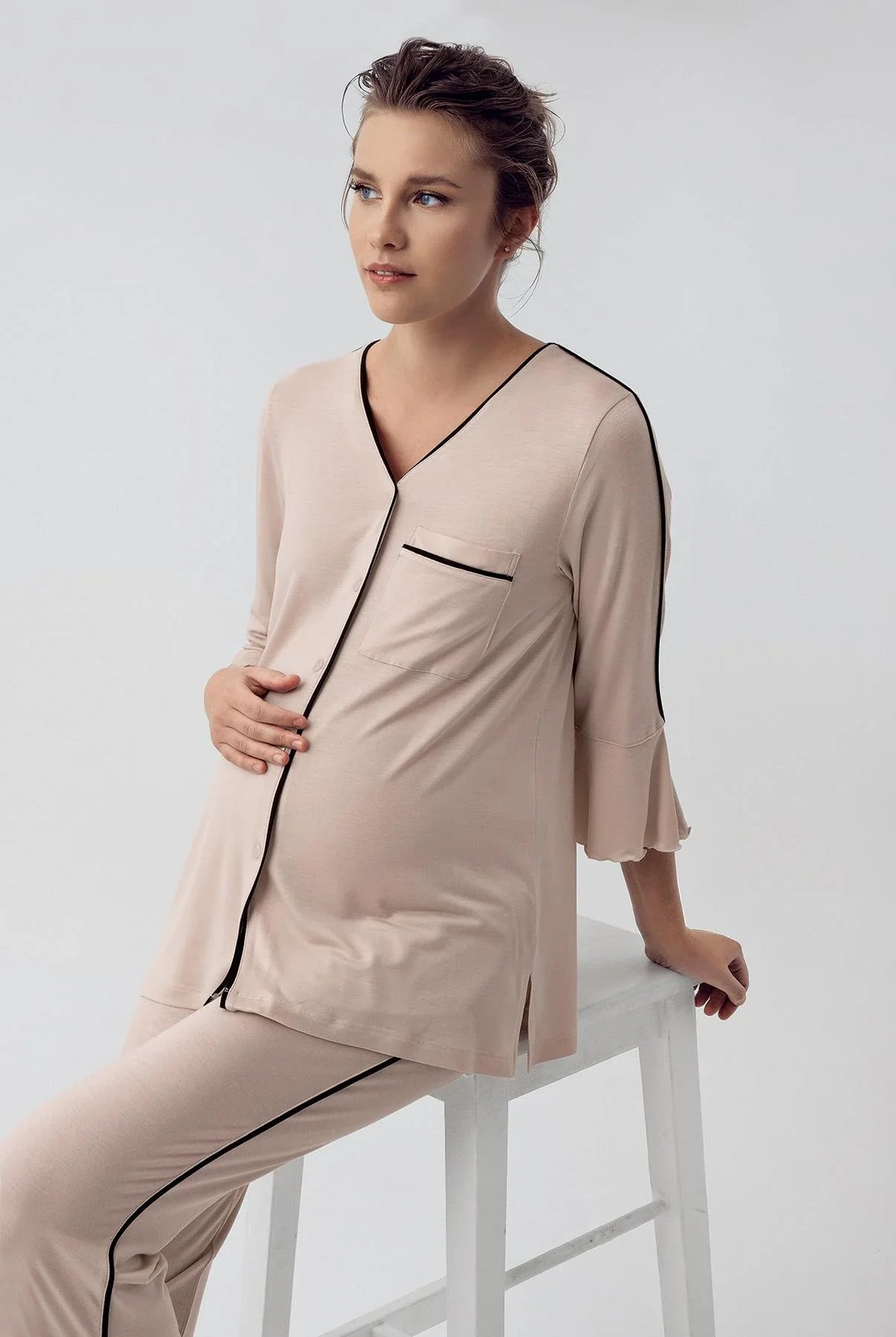 Strip Maternity Feeding-Friendly Pajama Set Beige - S16207