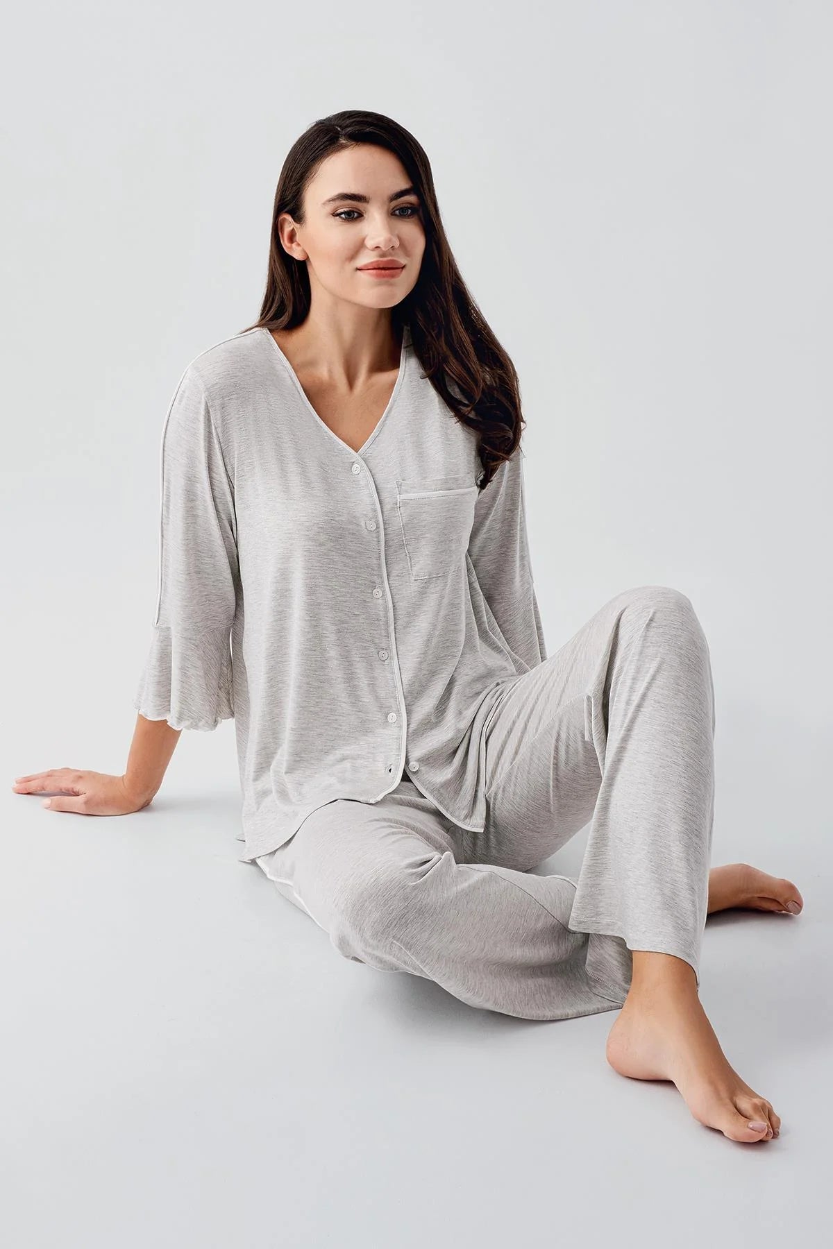 Strip Maternity Feeding-Friendly Pajama Set Grey - S16207