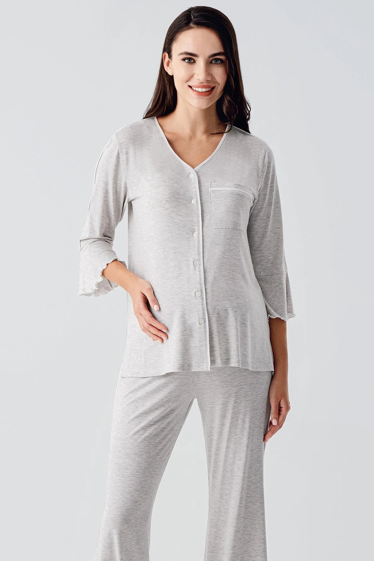 Strip Maternity Feeding-Friendly Pajama Set Grey - S16207