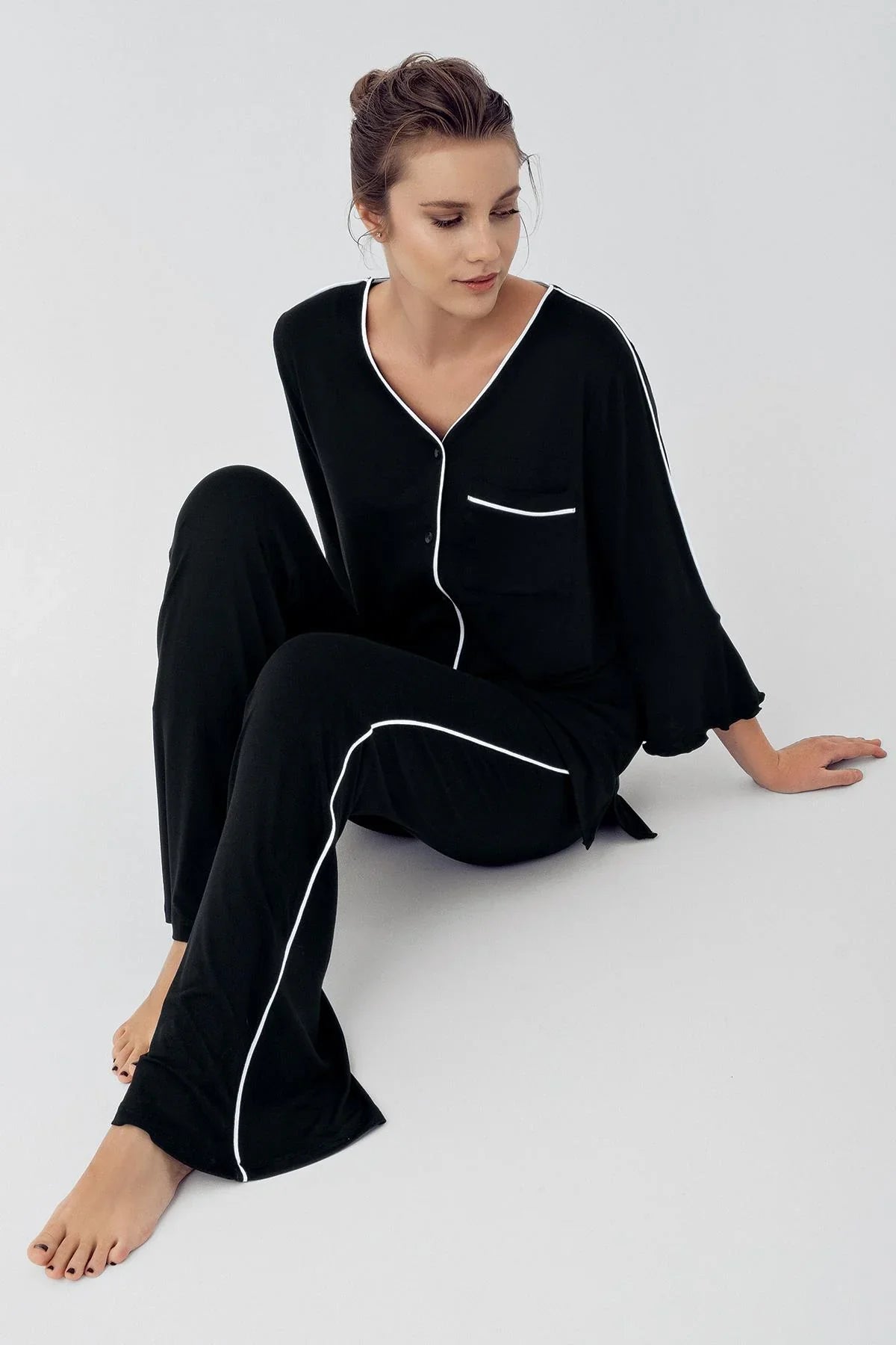 Strip Maternity Feeding-Friendly Pajama Set Black - S16207
