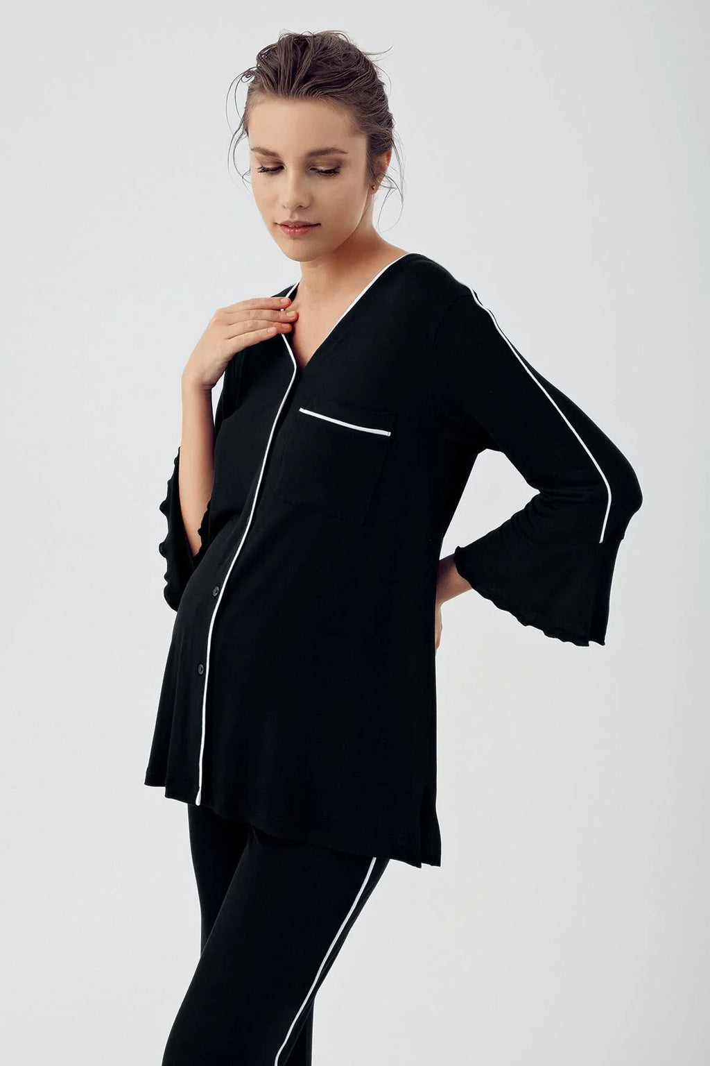 Strip Maternity Feeding-Friendly Pajama Set Black - S16207