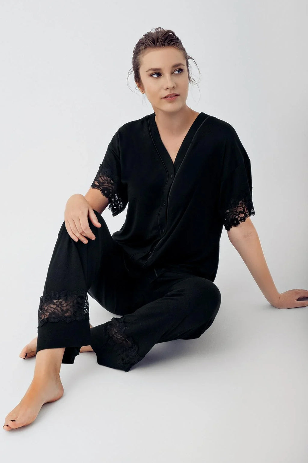Lace Sleeve Maternity Feeding-Friendly Pajama Set Black - S16211