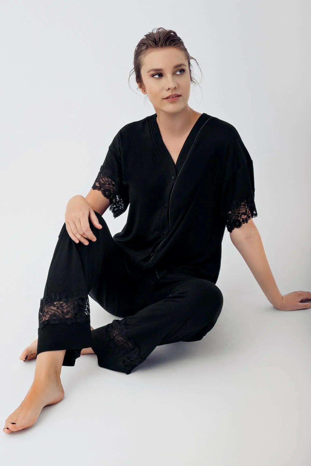 Lace Sleeve Maternity Feeding-Friendly Pajama Set Black - S16211