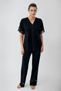 Lace Sleeve Maternity Feeding-Friendly Pajama Set Black - S16211
