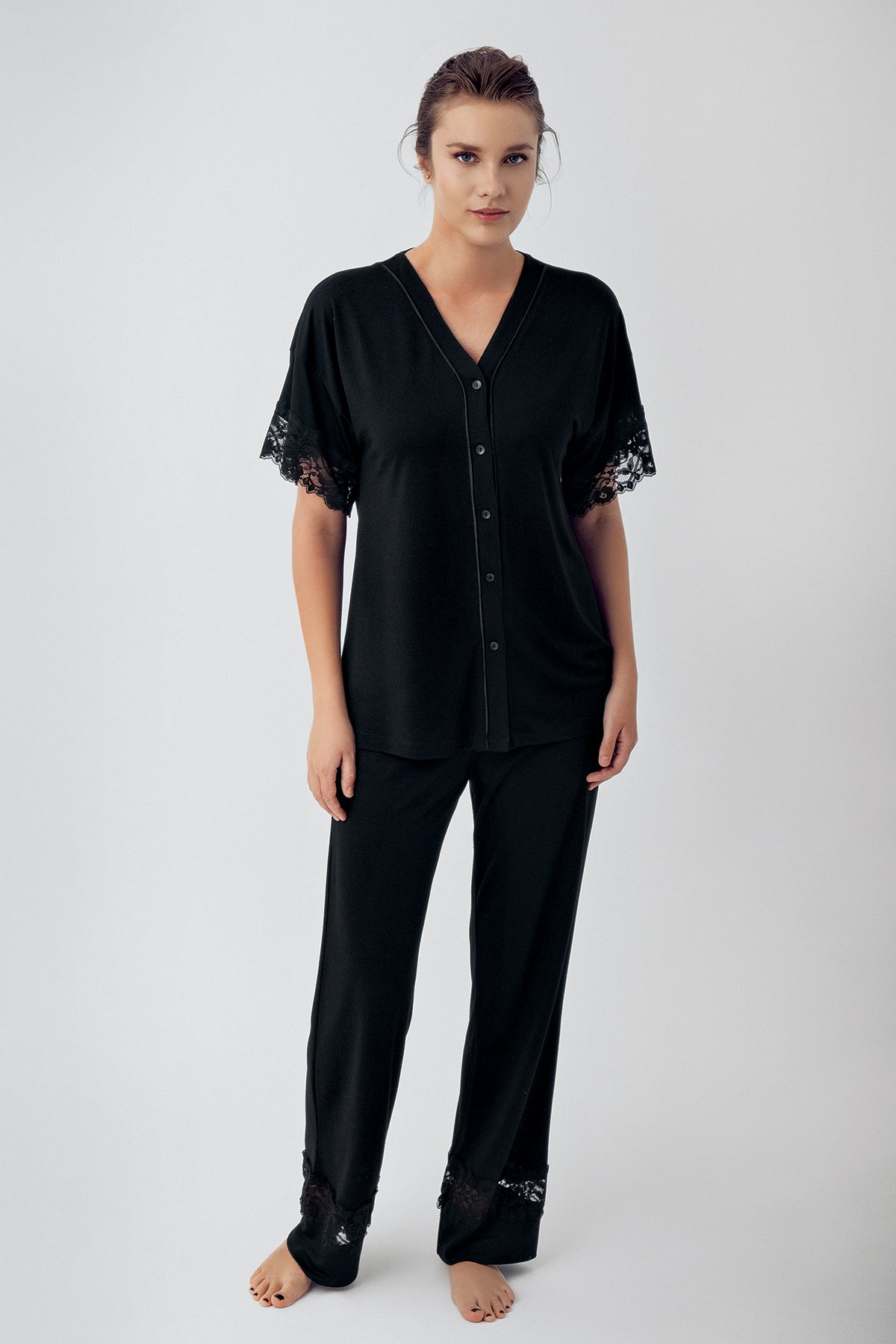 Lace Sleeve Maternity Feeding-Friendly Pajama Set Black - S16211