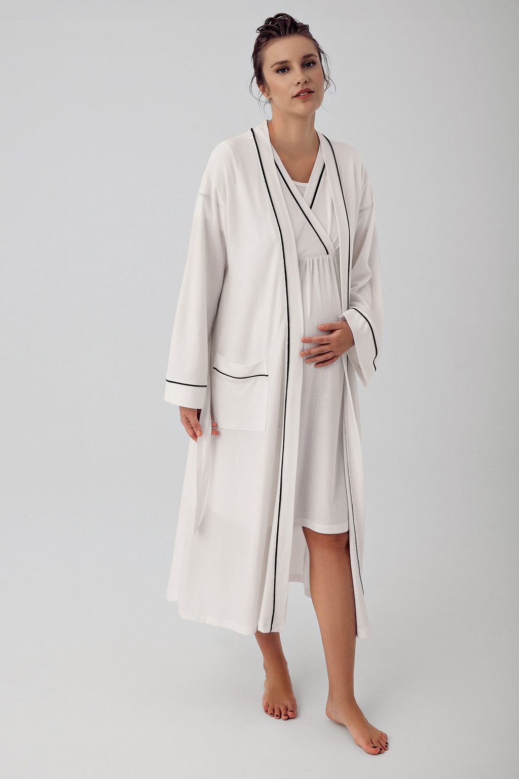 Double Breasted Maternity Feeding-Friendly Nightgown & Robe Set Ecru - S16402