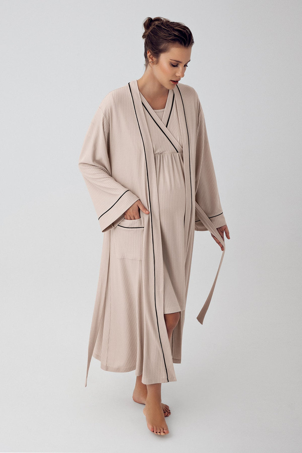 Double Breasted Maternity Feeding-Friendly Nightgown & Robe Set Beige - S16402