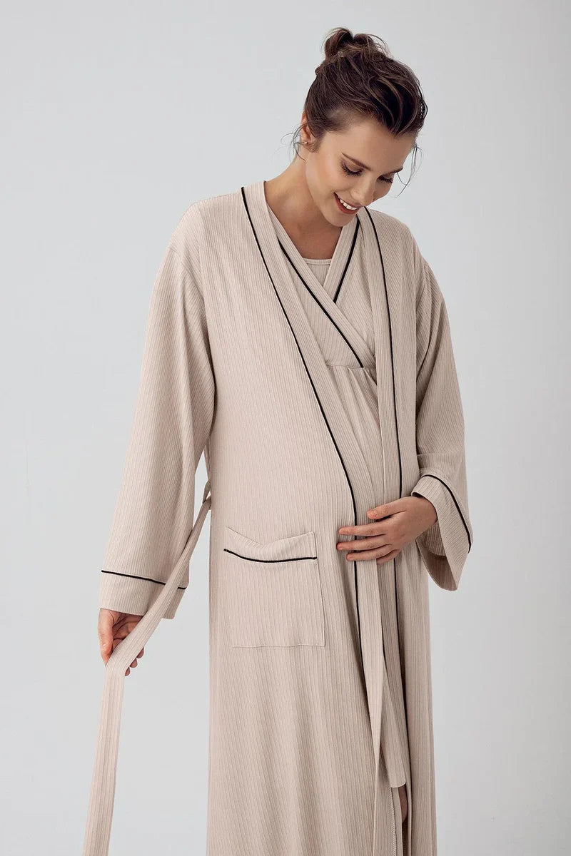 Double Breasted Maternity Feeding-Friendly Nightgown & Robe Set Beige - S16402