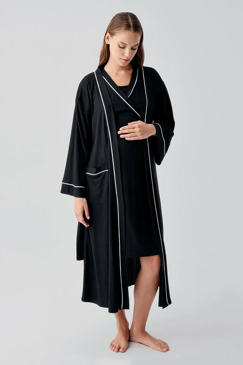 Double Breasted Maternity Feeding-Friendly Nightgown & Robe Set Black - S16402
