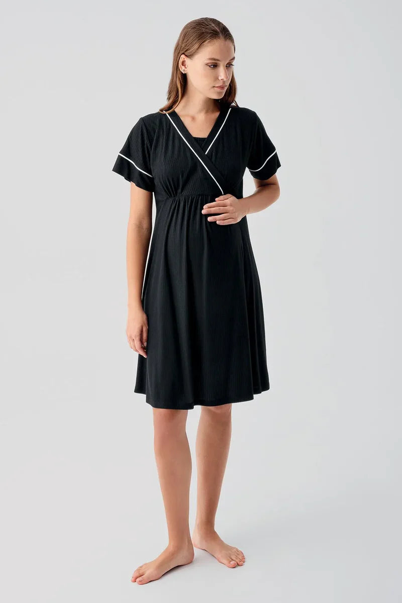 Double Breasted Maternity Feeding-Friendly Nightgown & Robe Set Black - S16402