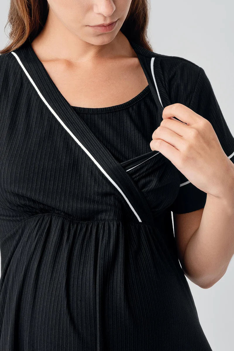 Double Breasted Maternity Feeding-Friendly Nightgown & Robe Set Black - S16402